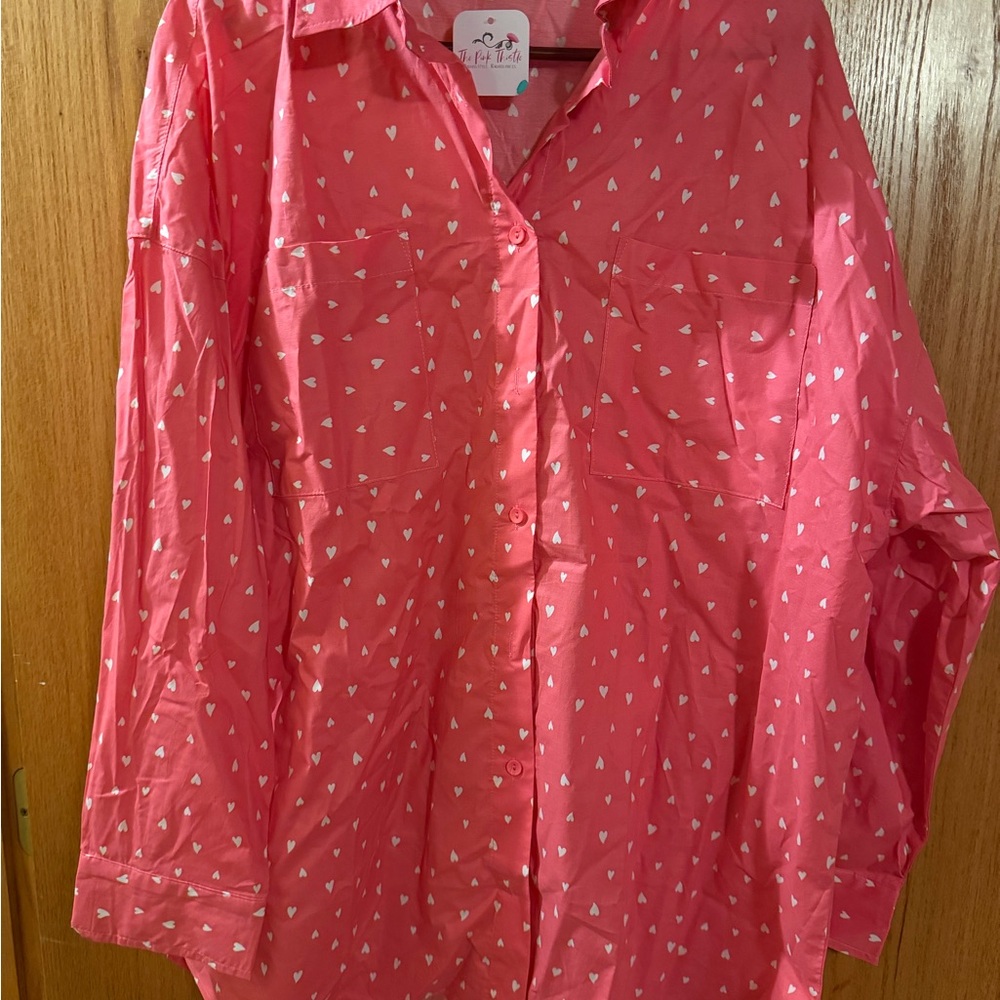 White Birch Pink Heart Button-Up Blouse